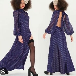 For Love & Lemons Mavis Holiday Maxi Dress Navy Polka Dot Size Medium